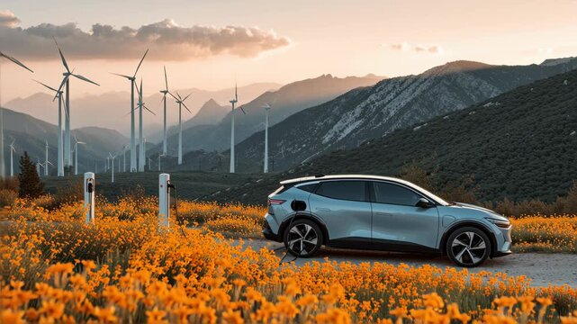 Electric car charging amidst vibrant flowers and wind turbines at sunset in mountainous landscape