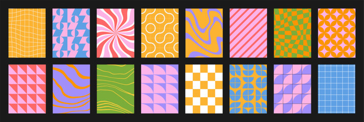 Vector Groovy vertical and backgrounds. Set of vector backgrounds in trendy retro trippy y2k style. Lilac and green colors. Fun hippie texture for surface design.