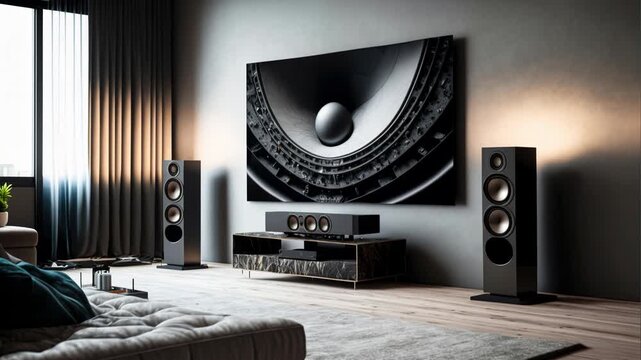 Big TV wall screen in modern living room, television set in luxury interior, home theater concept
