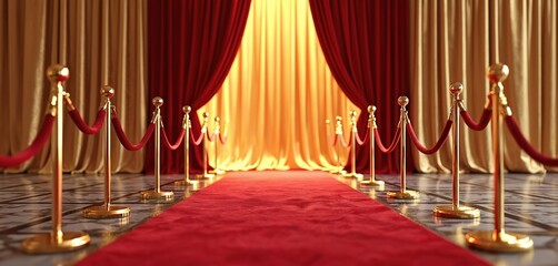 Red carpet pathway leads to elegant stage featuring golden, deep red velvet curtains. Golden stanchions with red ropes define prestigious VIP entrance. Luxurious setting prepared for exclusive award