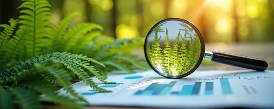 Magnifying glass examines financial charts and green ferns. Sustainability research involves data analysis and environmental reporting. This represents eco friendly business growth.