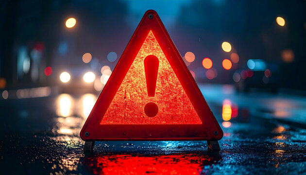 Red triangular caution warning traffic sign with exclamation mark, illuminated on dark background.