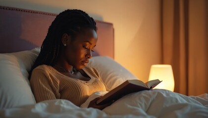 Young African woman reads book in bed before sleeping at night. Black female student relaxes with novel in cozy bedroom under warm lamplight. Girl enjoys literature, studies textbook at home for