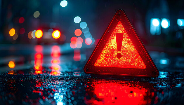 Red triangular caution warning traffic sign with exclamation mark, illuminated on dark background.