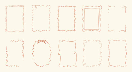 Vector Collection of  hand drawn vintage frames with wavy lines, bows and ribbons.  Modern trendy borders for wedding invitation, birthday card, social media template. whimsical style.