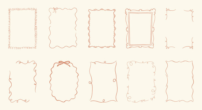 Vector Collection of  hand drawn vintage frames with wavy lines, bows and ribbons.  Modern trendy borders for wedding invitation, birthday card, social media template. whimsical style.