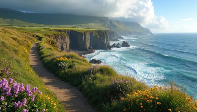 Scenic coastal path blooms with wildflowers. Cliffs extend to ocean. Waves crash on rocks. Green grass cover hills. Sea meets sky in vibrant landscape. Trail leads to stunning views. Hiking adventure