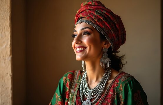 Smiling Algerian woman wears traditional red headscarf and green dress. She has elaborate silver jewelry, including a headband, necklace, and earrings. Her makeup is detailed.