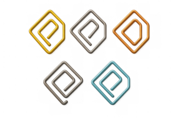 Collection of stylized paper clips in various metallic colors for office and organization concepts, transparent background