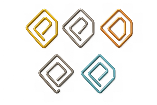 Collection of stylized paper clips in various metallic colors for office and organization concepts, transparent background