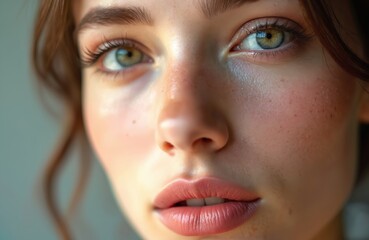 Fototapeta premium Close-up portrait of young woman with clear healthy skin and natural makeup. Her green eyes sparkle and lips are softly colored. She looks gently forward. Soft light falls on her face.