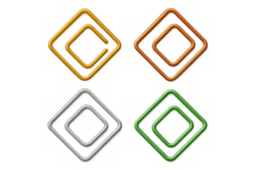 Colorful square paper clips collection creating a geometric pattern, set on transparent background, stationery item