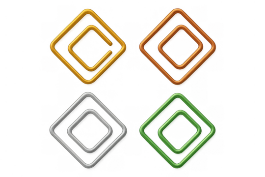 Colorful square paper clips collection creating a geometric pattern, set on transparent background, stationery item