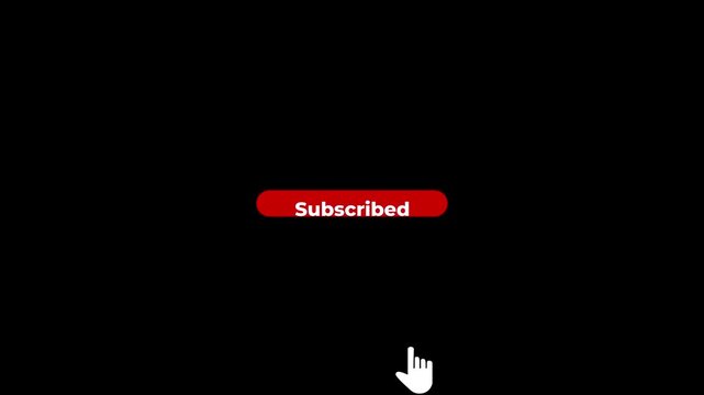 Red ' Subscribed' button with a white cursor hand icon hovering over it on a black background click
