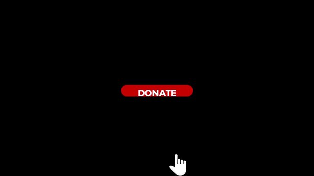 Red button with text DONATE and a white hand cursor icon on a black background donate click