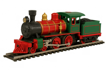 Vintage toy steam locomotive model on railroad tracks, red and green colors, childhood play and transport history, transparent background