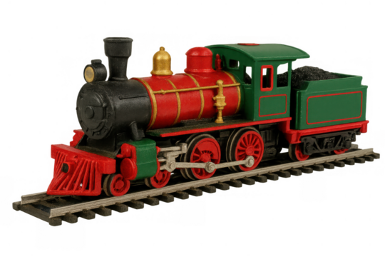 Vintage toy steam locomotive model on railroad tracks, red and green colors, childhood play and transport history, transparent background