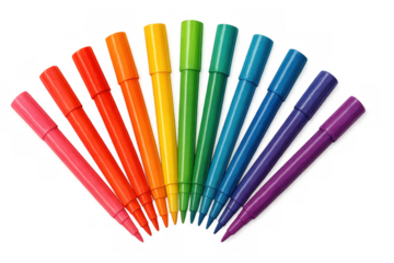Markers in a range of bright colors forming a rainbow arc, representing art, drawing, and creativity on a transparent background
