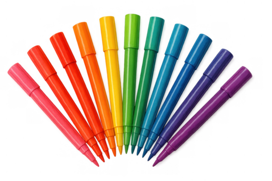 Markers in a range of bright colors forming a rainbow arc, representing art, drawing, and creativity on a transparent background - Powered by Adobe
