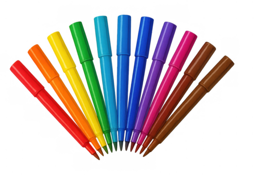 Colorful felt-tip pens creating a rainbow spectrum, art and school supplies for drawing and creativity, transparent background