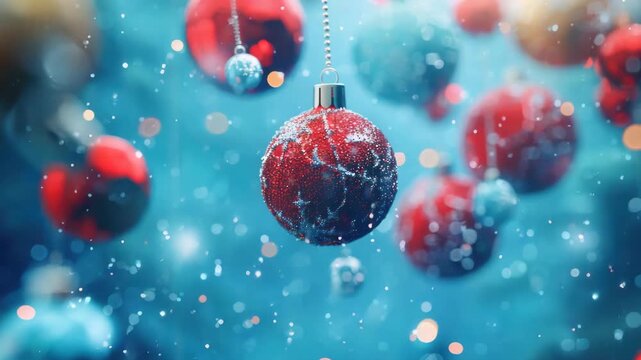 A holiday-themed featuring a single shiny ornament hanging from mistletoe amidst a snowy night background.