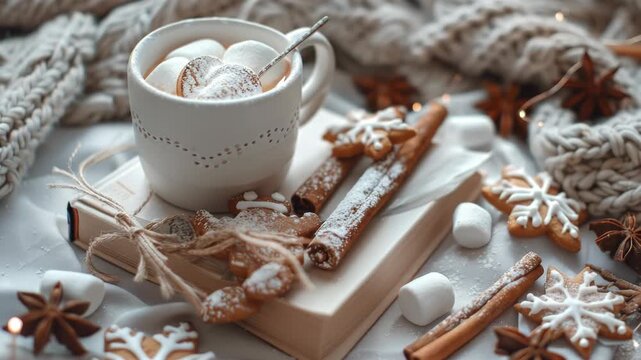 Cozy autumn-themed cup of coffee with whipped cream and spices accompanied by gingerbread cookies with icing decorations on a rustic table adorned with pinecones and candy canes.