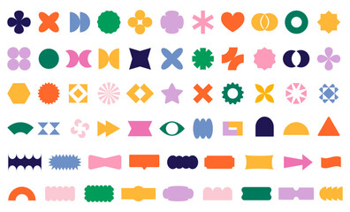 Vector Groovy retro shapes. Abstract geometric shapes, brutalism forms, memphis geometric elements. Trendy minimalist basic figures, stars, lines and circles.Y2K retro badges for poster logo design. 