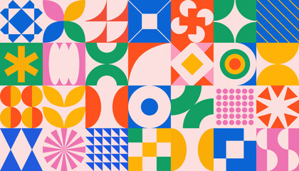 Vector Abstract geometric background for your design. Bauhaus style.Groovy retro shapes. Y2K retro badges for poster logo design.