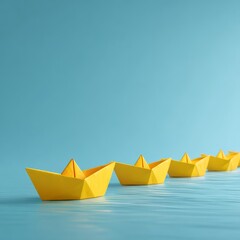 Yellow Paper Boats Guiding on Calm Blue Water, Conceptual Illustration, Tranquil Environment, Top View