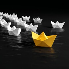 Yellow Boat Navigating a Sea of White Boats in a Calm Water Environment