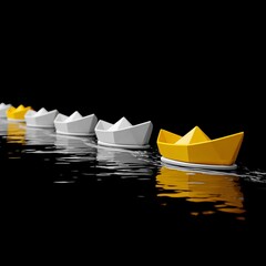 Yellow Boat Leading White Boats on Water, Minimalist Design, Studio Setting, High-Contrast Viewpoint