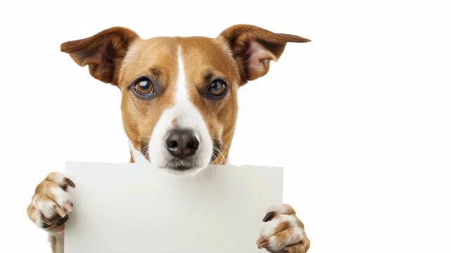 A charming of a brown and white dog with a playful expression holding a sheet of paper in its paws.