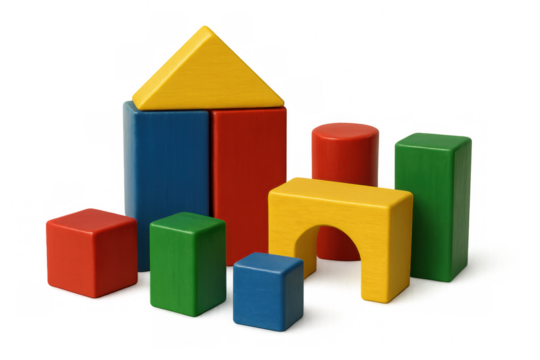 Children's wooden building blocks forming a small house, symbolizing play, creativity, and early education, on a clear background