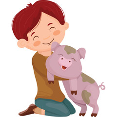 Young Boy Hugging a Piglet with Brown Shirt and Blue Pants Outdoors on a Sunny Day
