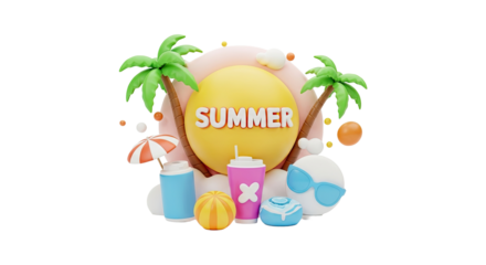 3d summer objects png element set on white background 