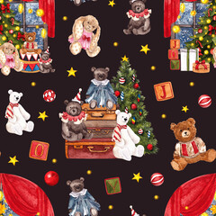 Seamless pattern with watercolor hand draw Christmas toys, snowman, candy, ball, snowflakes, teddy bear, winter window, isolated on colored background