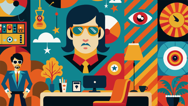 A bold graphic wallpaper featuring iconic images from the 60s and 70s creating a statement wall in a home office.