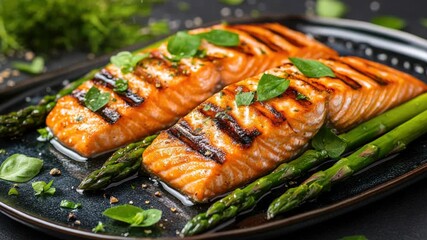 A delicious seafood dish featuring grilled salmon fillets and asparagus spears. A flavorful meal that's both healthy and appetizing.