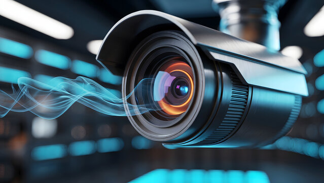 3D render of security camera, futuristic cctv surveillance, glowing lens, abstract blue light, tech background, protection concept.