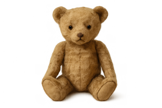 Brown teddy bear plush toy sitting, isolated on transparent background illustrating childhood, comfort, and nostalgia