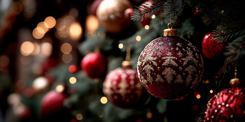 Close Up Of Festive Red And Gold Christmas Tree Baubles With Twinkling Lights