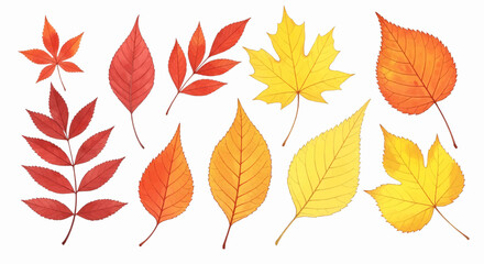 Fototapeta premium Set of colorful autumn leaves in watercolor style. A fall foliage collection vector illustration