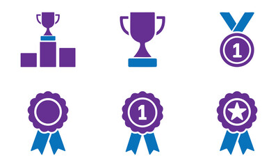 Award Icons Set. Trophy, Medal, and Ribbon, solid icons Vector