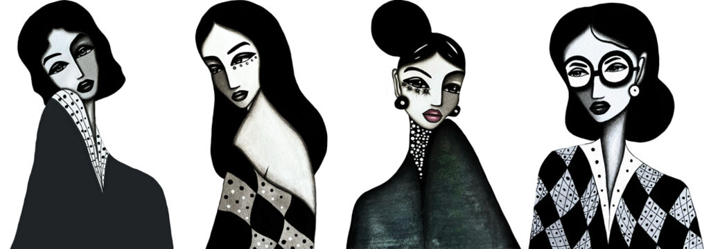 Set of elegant fashion women portrait illustrations, minimal art deco style, black and white modern female faces, isolated PNG transparent background, stylish aesthetic wall art design collection