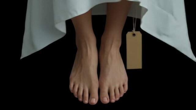 A pair of human feet hang with a tag from a draped cloth against a black background