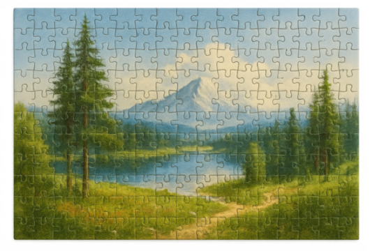 Completing a jigsaw puzzle showing a serene mountain lake landscape painting with evergreen trees and a clear sky