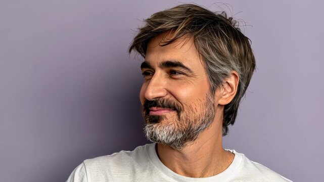 Thoughtful Expression: A close-up shot of a man's face, displaying a mix of maturity and contentment, with a gentle smile gracing his features.