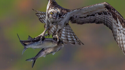 An impressive bird of prey, the osprey, captures its prey with precision, showcasing its hunting prowess. The dynamic moment highlights the elegance of nature and survival in the wild.