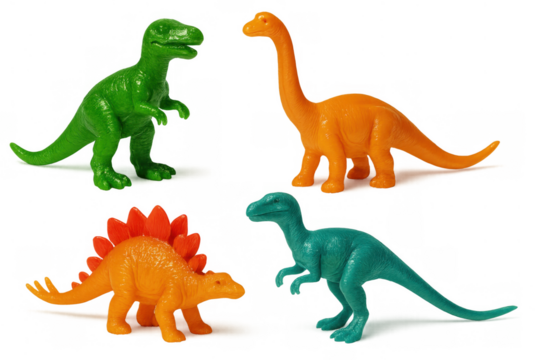 Colorful plastic dinosaur toys collection standing, depicting various species, fun childhood play items with transparent background - Powered by Adobe