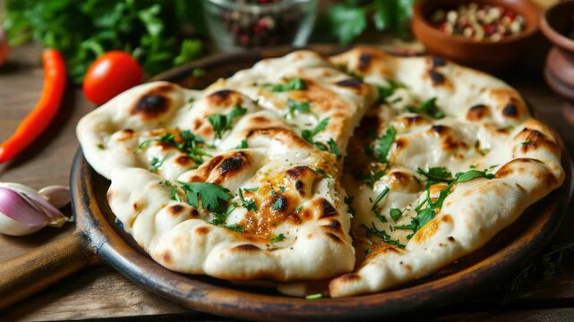Close-up of a hot, delicious flatbread with green herbs on top, resting on a wooden board in front of a rustic setting.
